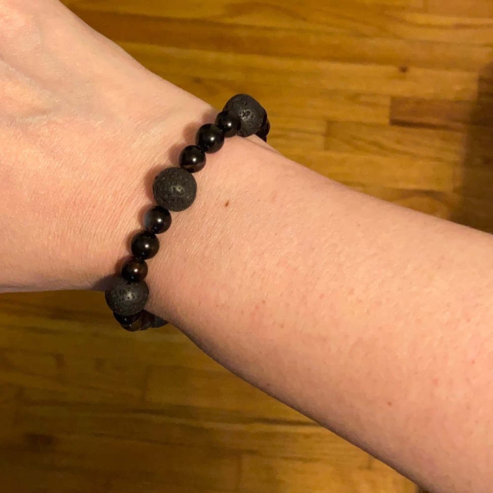 Hand Crafted Bracelet Black Agate & Lava Stretch Unisex Authentic Real Stones - Picture 2 of 7
